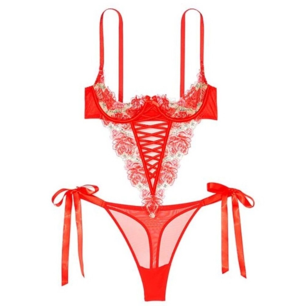 New! Victoria's Secret Wicked Floral Embroidery Lace-Up Teddy 4292